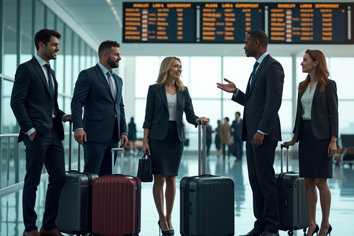 Groupe de professionnels discutant en aéroport pour la planification de retraite