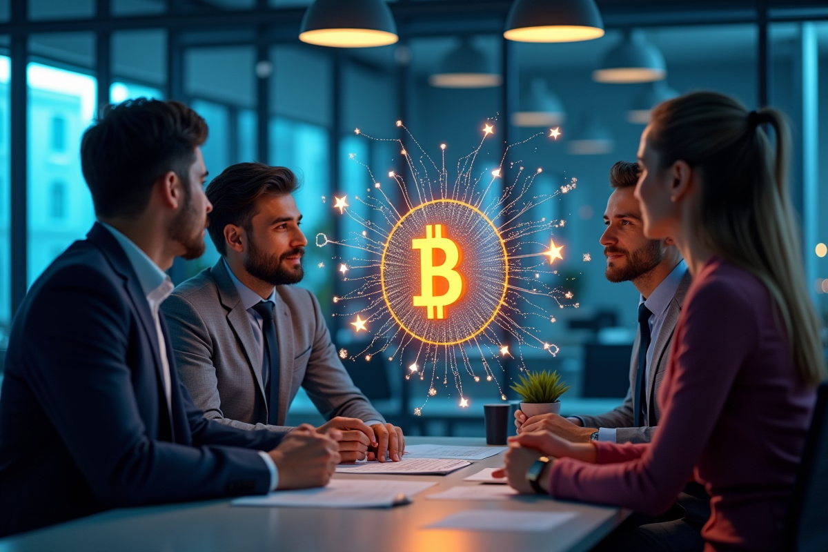 Professionnels analysant un réseau blockchain dans un bureau moderne