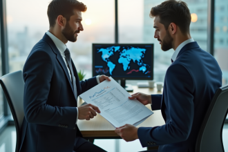 Deux professionnels en finance dans un bureau moderne échangeant un document