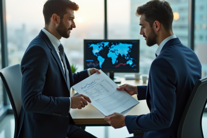 Deux professionnels en finance dans un bureau moderne échangeant un document
