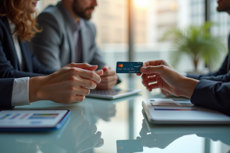 Professionnels échangeant des cartes de crédit modernes en réunion