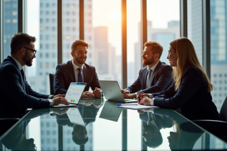 Quatre professionnels d'affaires autour d'une table moderne