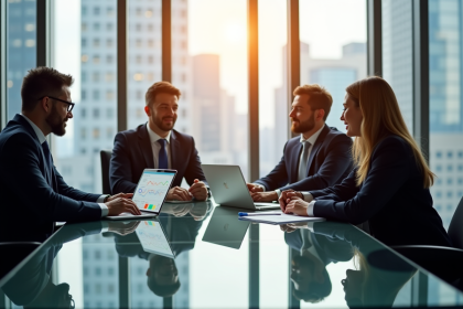 Quatre professionnels d'affaires autour d'une table moderne