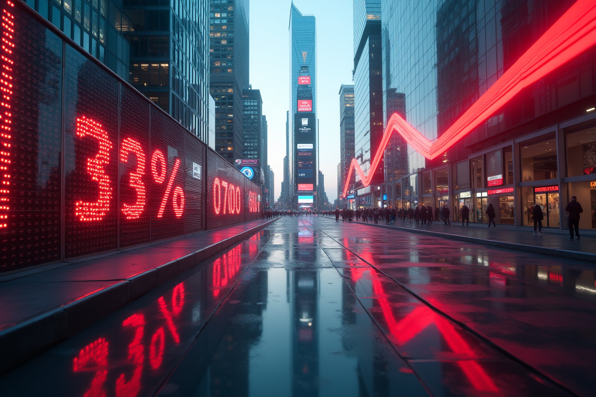 Reflet de la skyline urbaine avec un ticker boursier en baisse