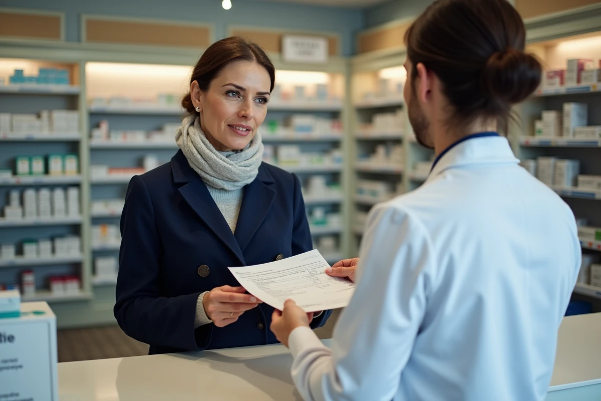 Femme déposant un formulaire de remboursement santé dans une pharmacie lors d'une résiliation Matmut