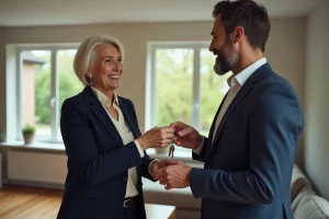 Femme élégante remettant des clés à un homme souriant
