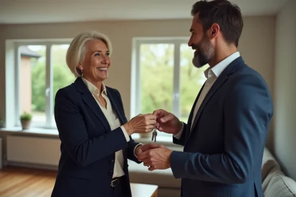 Femme &eacute;l&eacute;gante remettant des cl&eacute;s &agrave; un homme souriant