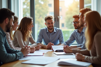 Groupe d'adultes divers rencontrant un agent d'assurance dans un bureau lumineux
