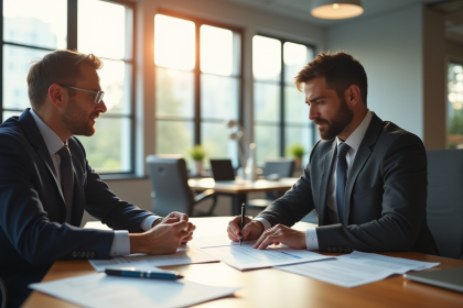Réunion entre un banquier et un client dans un bureau lumineux