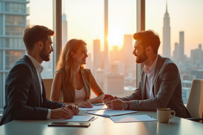 Jeune couple rencontrant un conseiller financier dans un bureau lumineux