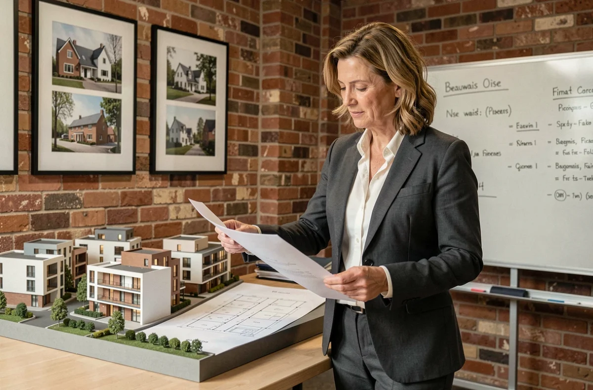 Conseillère de Résidences Picardes BDL étudiant des plans architecturaux pour un programme résidentiel dans l'Oise