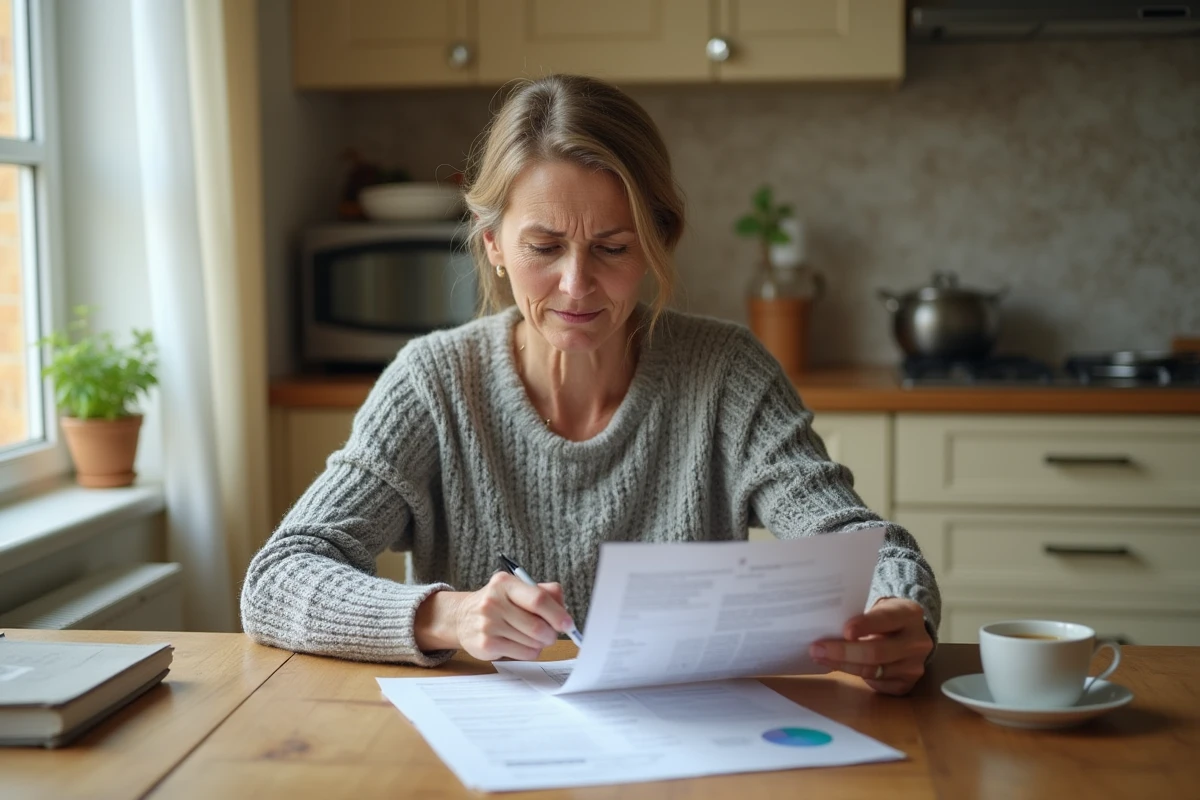 Femme lisant un document de résiliation d'assurance santé Matmut à une table de cuisine