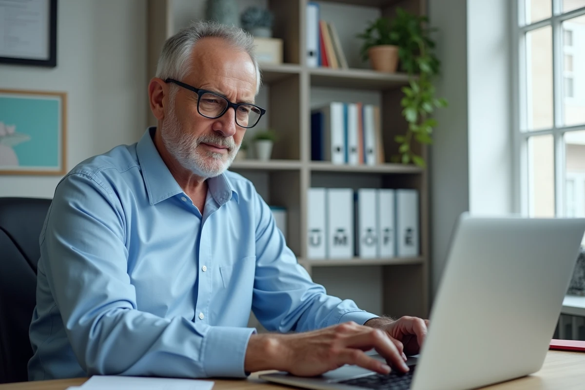 Homme gérant sa résiliation mutuelle santé en ligne depuis un bureau à domicile