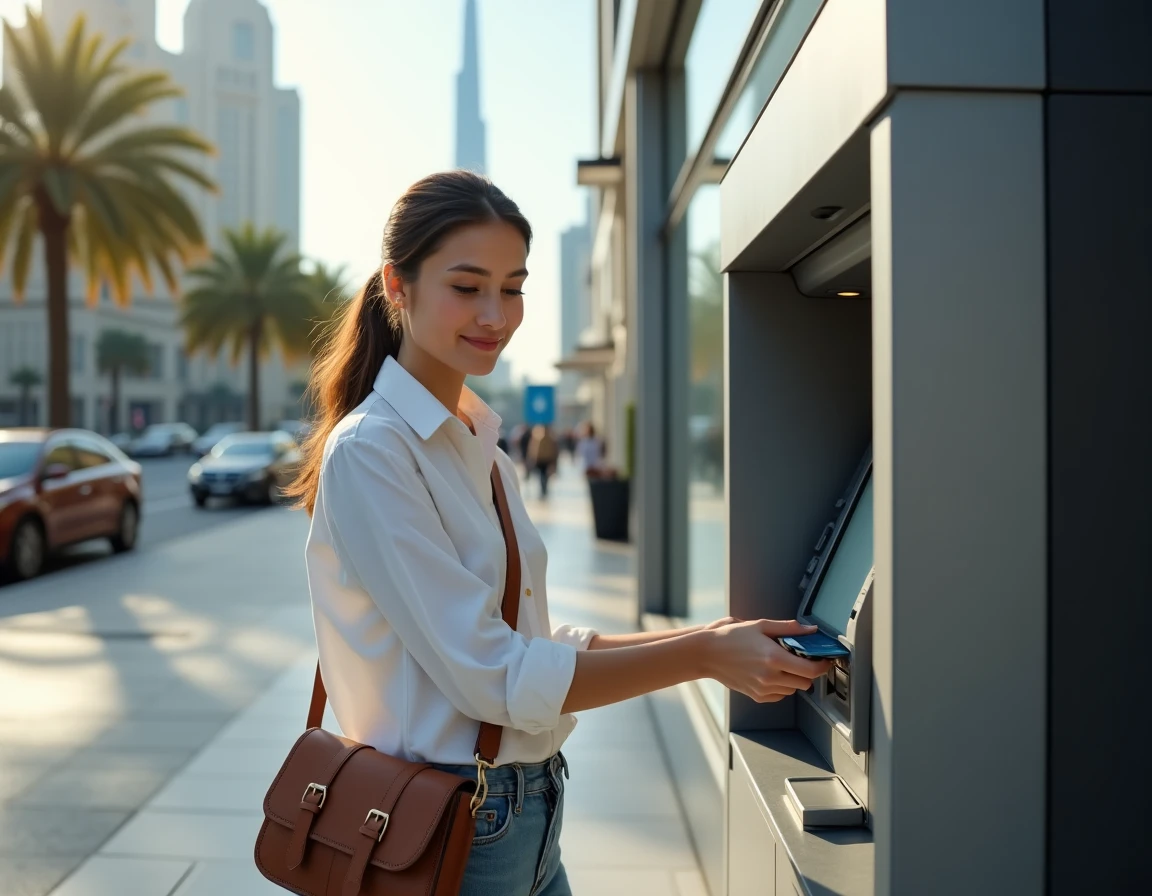 Jeune femme retirant des dirhams de Dubaï à un distributeur automatique avec une carte bancaire sans surcoût