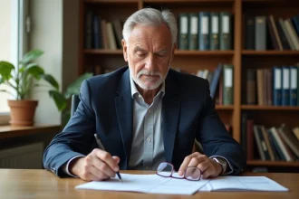 Un homme d'une cinquantaine d'années consulte ses documents de retraite anticipée à son bureau à domicile, illustrant la planification fiscale pour la retraite 2026
