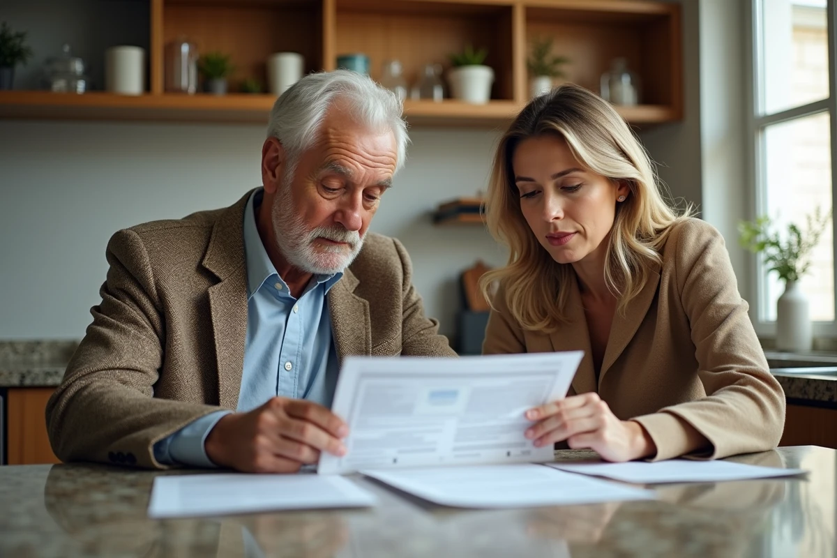 Homme et femme examinant des documents financiers dans la cuisine