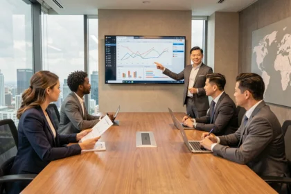 Réunion internationale de credit management dans une salle de conférence moderne avec des professionnels de cultures diverses analysant des données financières européennes