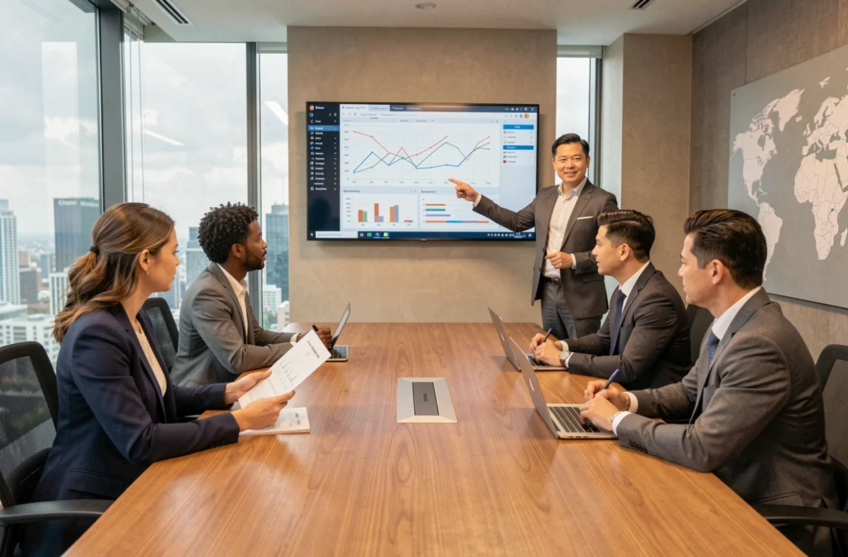 Réunion internationale de credit management dans une salle de conférence moderne avec des professionnels de cultures diverses analysant des données financières européennes