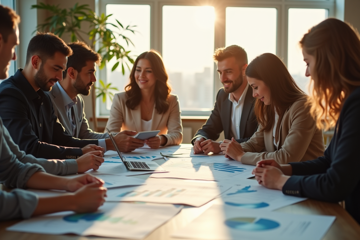 Groupe de professionnels discutant de graphiques économiques