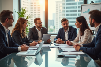 Groupe de professionnels discutant de la retraite autour d'une table moderne