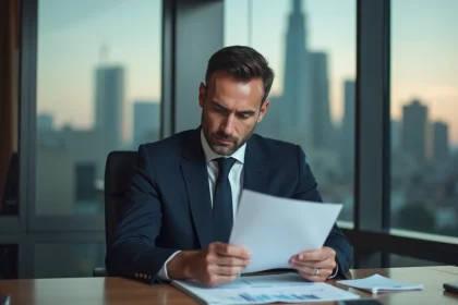 Homme d'affaires en costume marine consultant des documents financiers dans un bureau moderne avec vue sur la ville, illustrant les revenus aisés en France