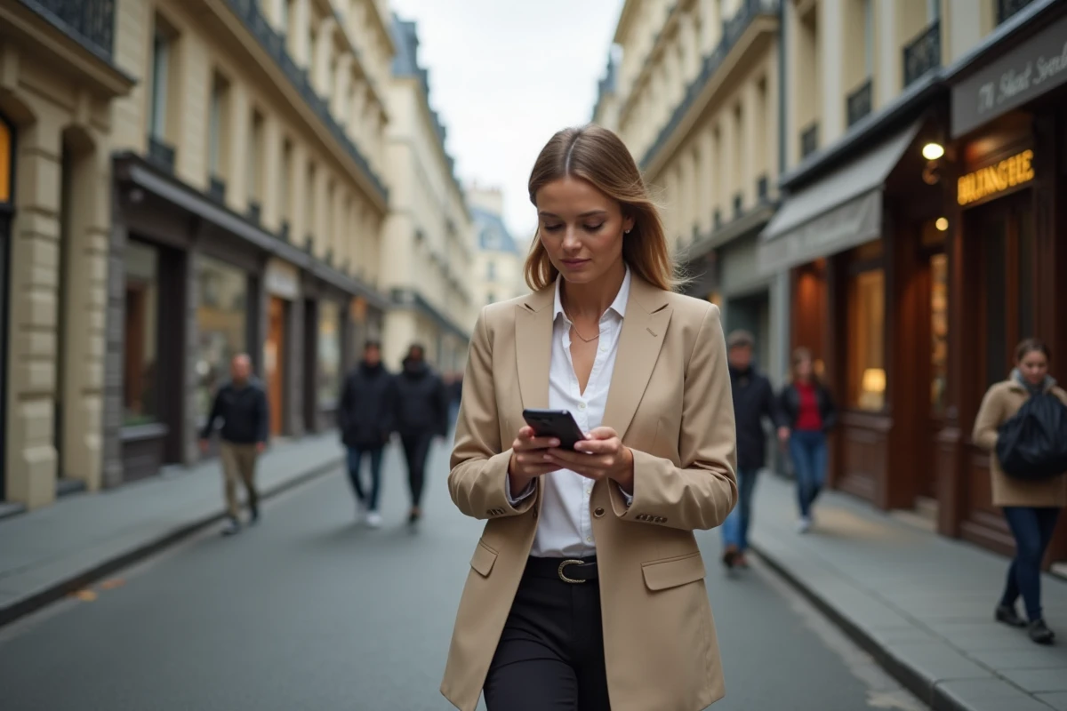 Femme élégante en blazer beige marchant dans une rue haussmannienne parisienne, symbolisant le niveau de vie et les revenus médians en France