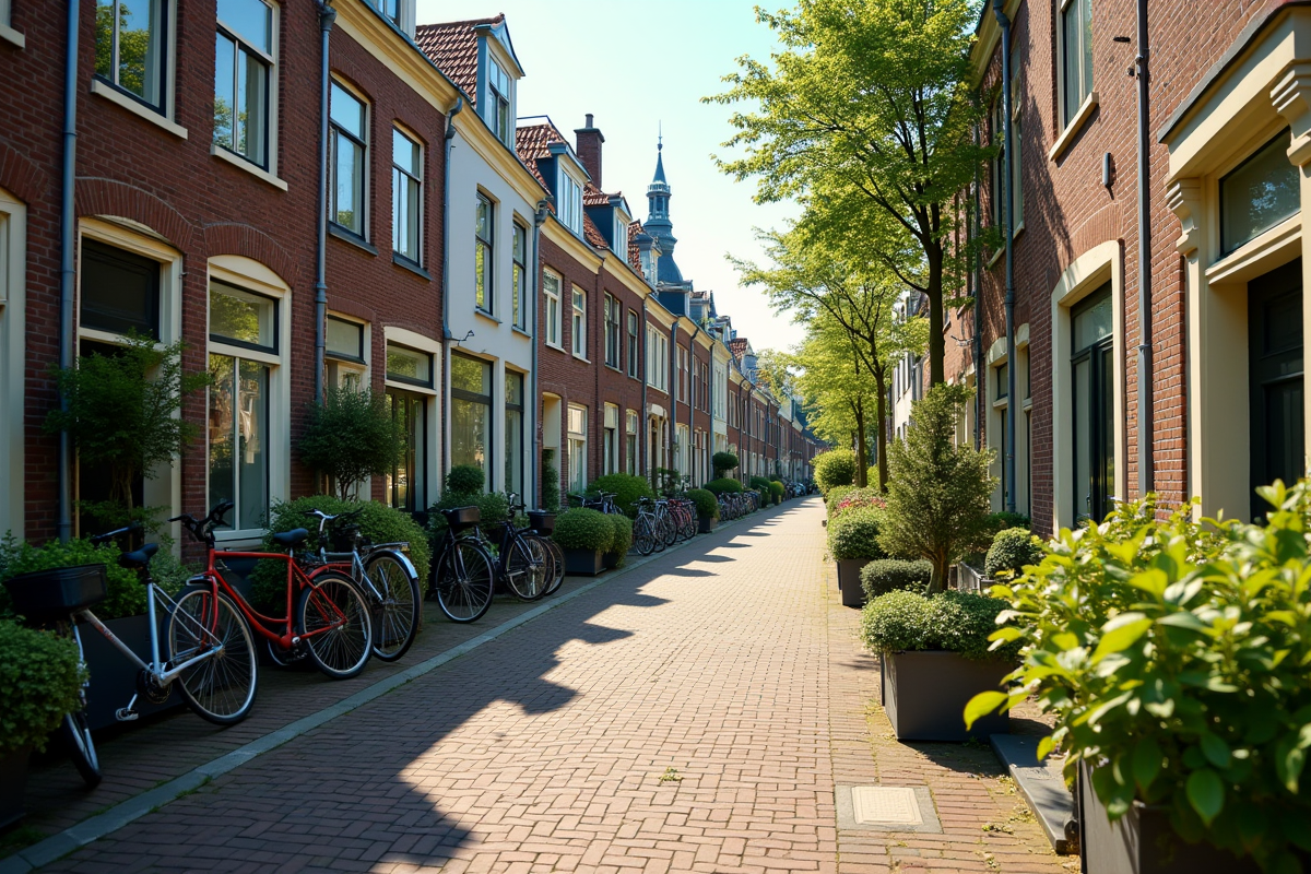 Rue résidentielle accueillante avec maisons colorées à Amsterdam