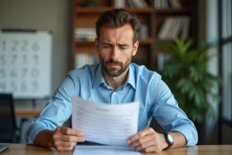 Salarié français examinant sa fiche de paie avec un salaire brut de 2300 euros dans un bureau moderne
