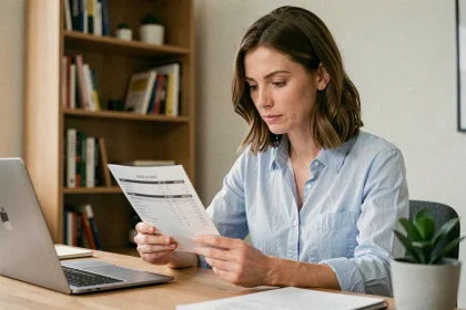 Femme salarié analysant une fiche de paie brut net à son bureau à domicile