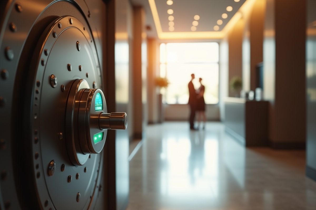 Vitrine de la banque avec coffre-fort et interface de securite