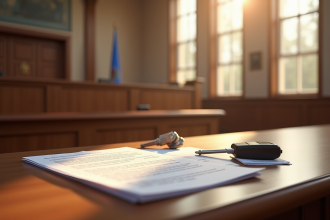 Salle de justice moderne avec bureau en bois et clés de voiture