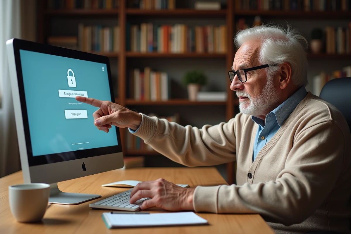 Senior vérifiant l'URL d'un site bancaire La Poste sur son ordinateur de bureau pour éviter le phishing