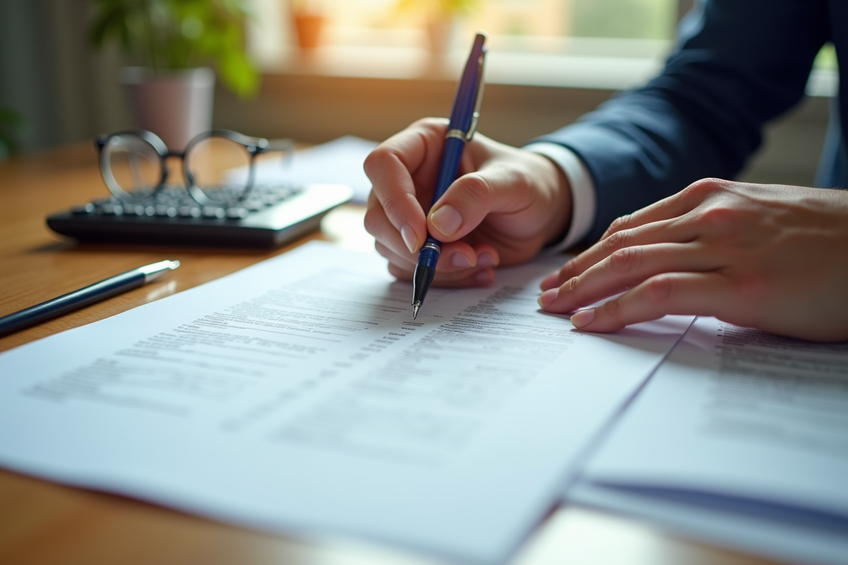 Mains signant un document financier avec une calculatrice