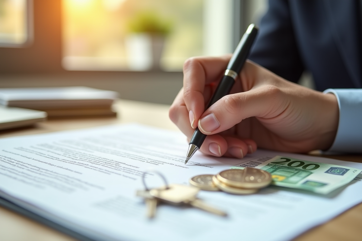 Main signant un contrat de prêt immobilier avec des billets et clés