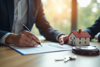 Professionnels signant des documents immobiliers en bureau lumineux