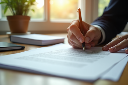 Main signant un document de dettes sur un bureau ensoleille