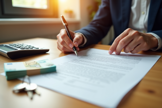 Personne signant un contrat de prêt immobilier avec argent et clé