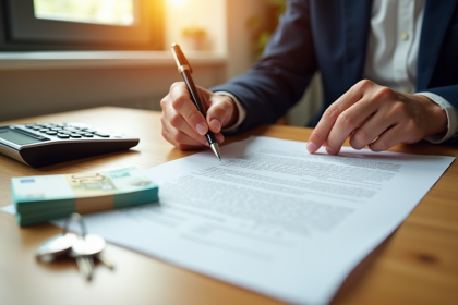 Personne signant un contrat de prêt immobilier avec argent et clé