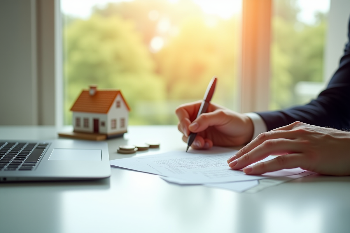 Mains signant un contrat de prêt avec une maison miniature et des pièces de monnaie
