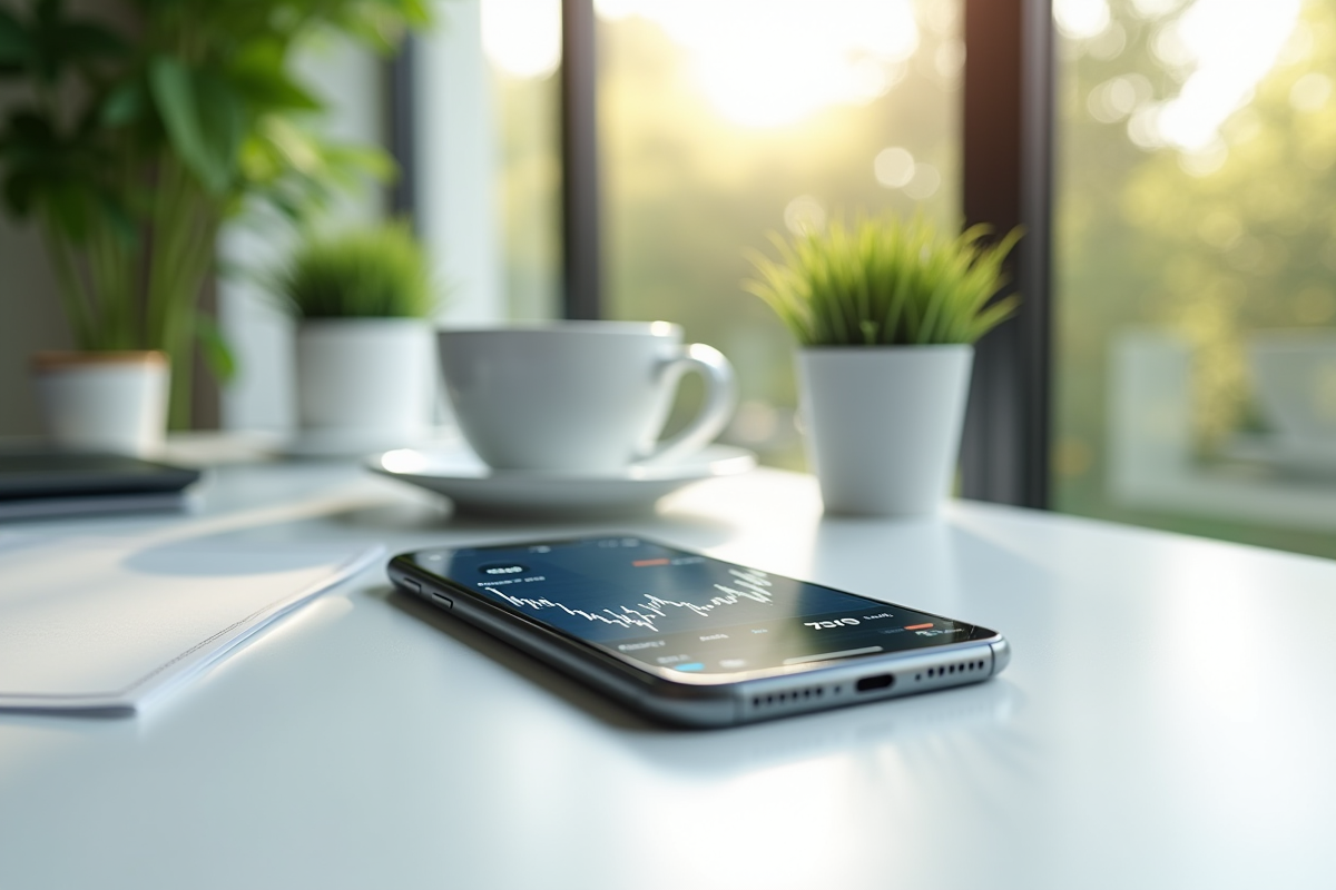Smartphone affichant un graphique XRP sur bureau lumineux