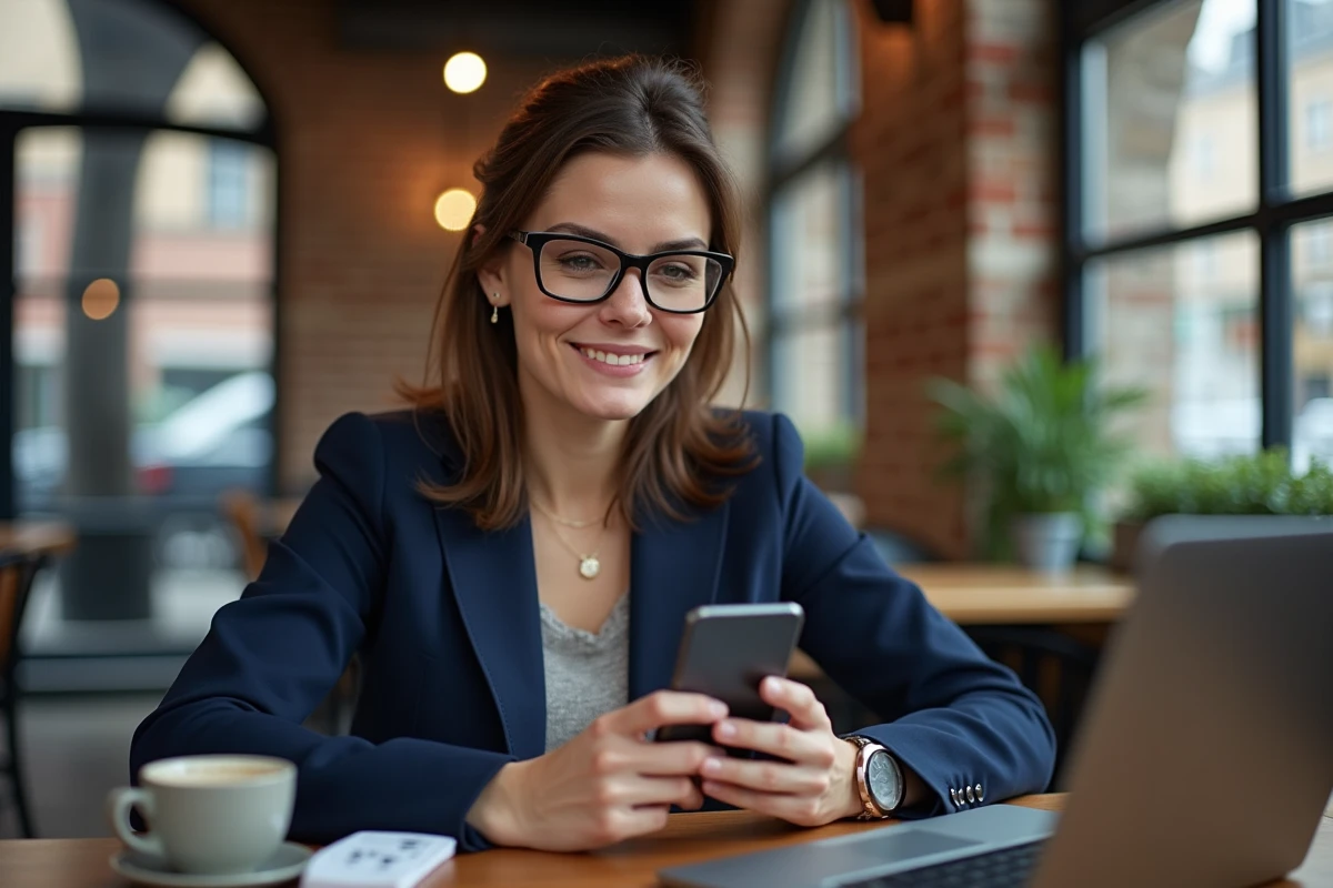 Femme consultant le prix du cuivre au kilo sur une application mobile dans un café urbain