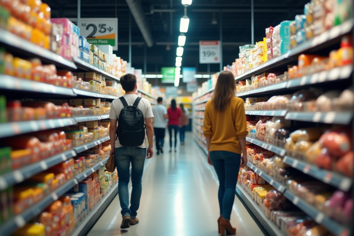 Allée de supermarché avec étiquettes de prix élevées et clients confus