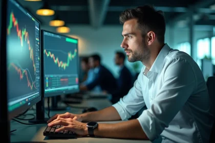 Trader analysant le cours du cuivre en temps réel sur plusieurs écrans dans un bureau moderne