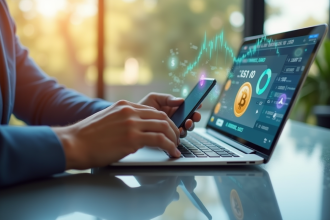 Personne utilisant smartphone et ordinateur pour transfert crypto