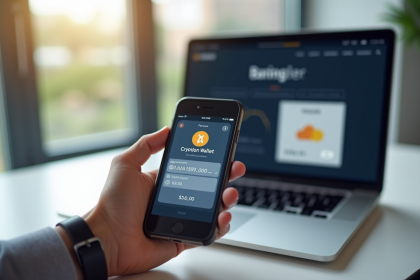 Personne tenant un smartphone avec une application crypto sur un bureau moderne