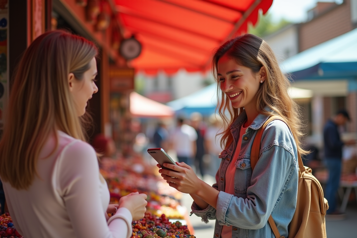 Jeune femme utilisant son smartphone au marché artisanal