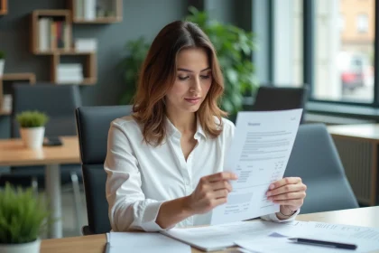 Femme en bureau suisse v&eacute;rifiant sa fiche de paie pour contr&ocirc;ler la conformit&eacute; du salaire minimum