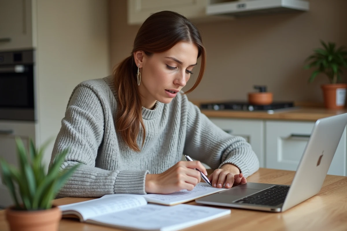 Femme qui consulte ses virements récurrents sur un ordinateur portable avec des relevés bancaires sur une table en bois