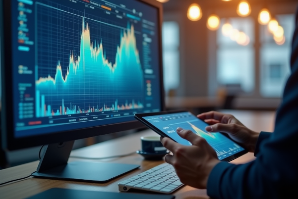 Analyse de données blockchain sur un écran avec mains et tablette dans un espace de coworking
