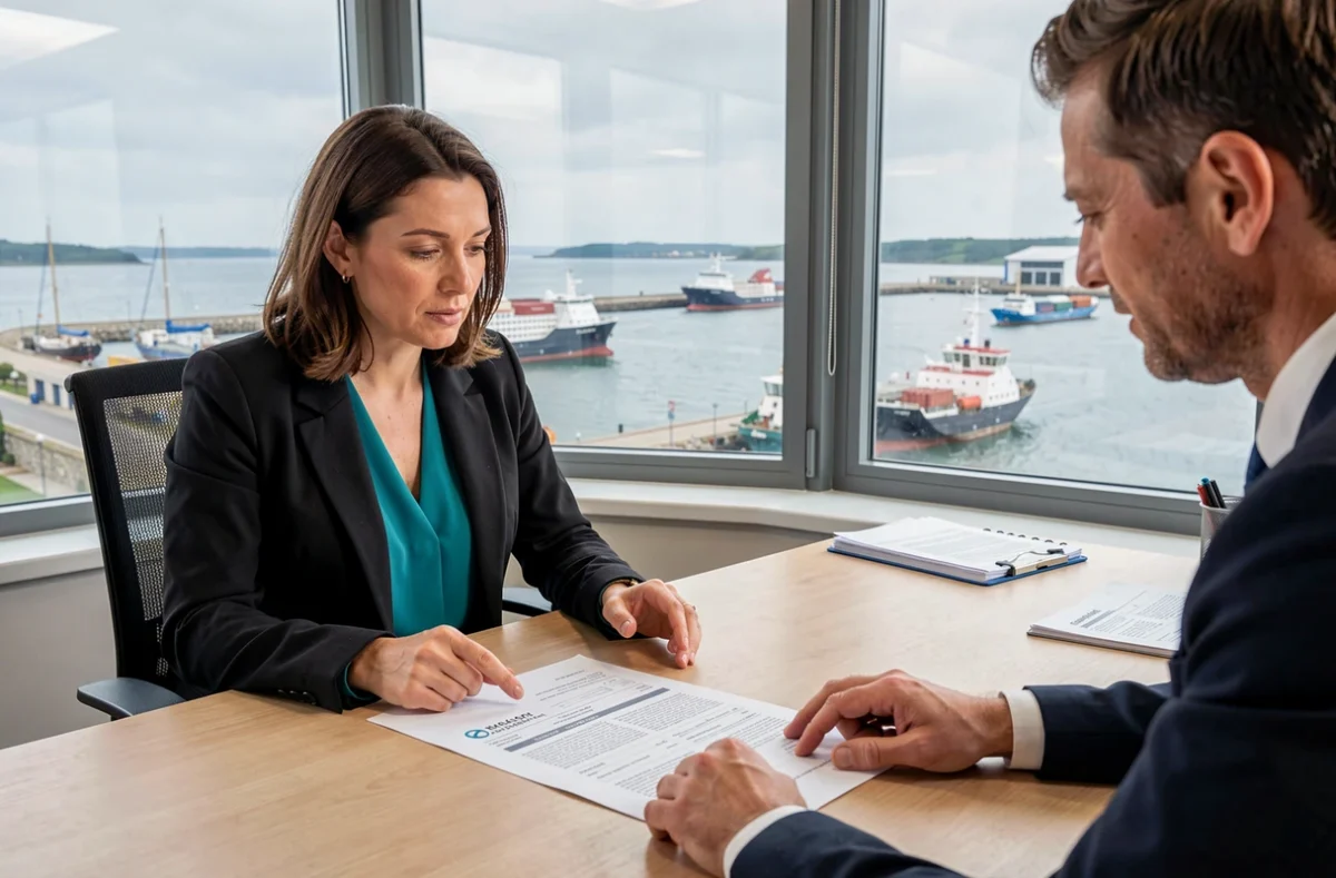 Une courtière de Vousfinancer Cherbourg présente un dossier de prêt avec vue sur le port de la Manche